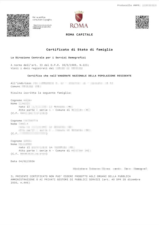 certificato di stato di famiglia