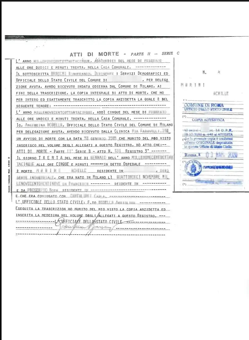 copia integrale atto di morte