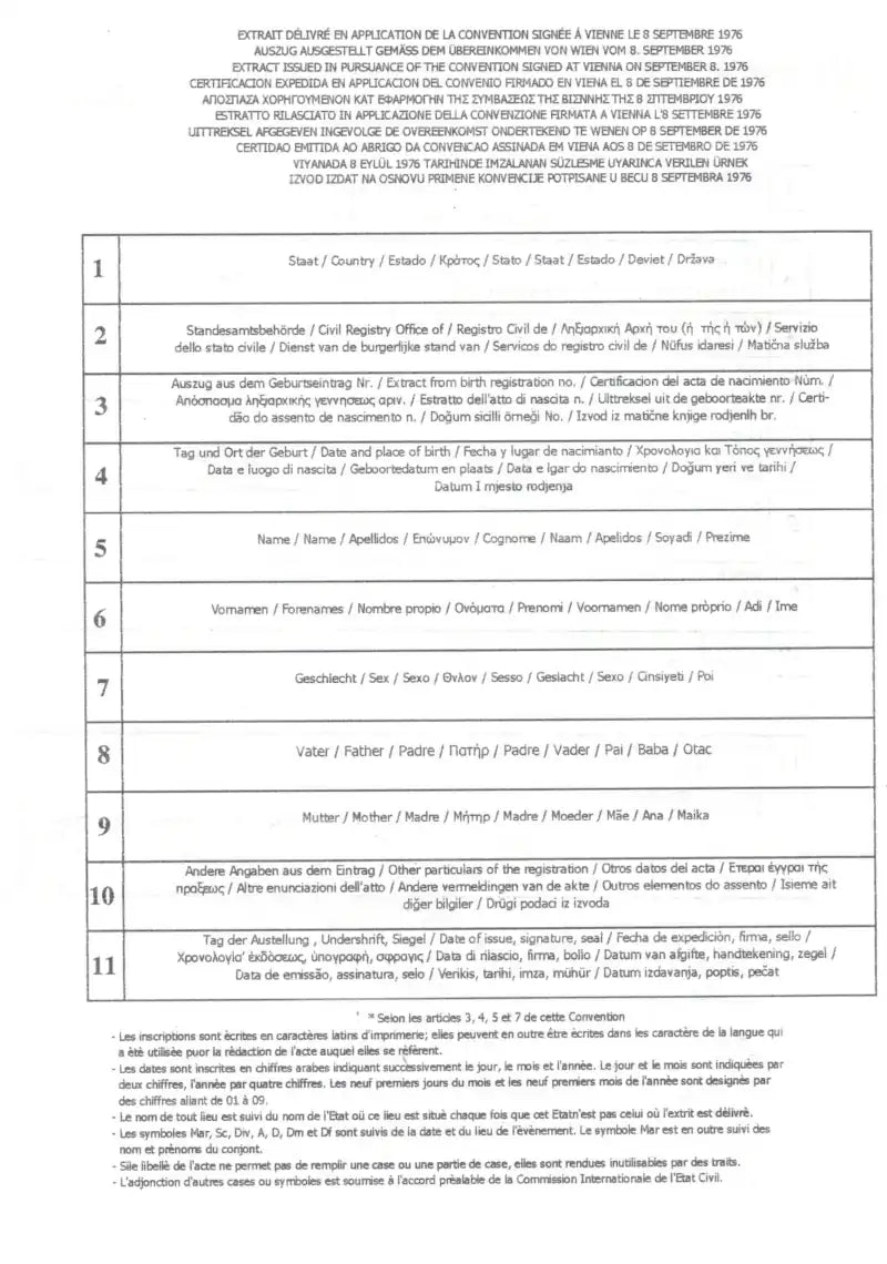 Estratto di nascita multilingue 